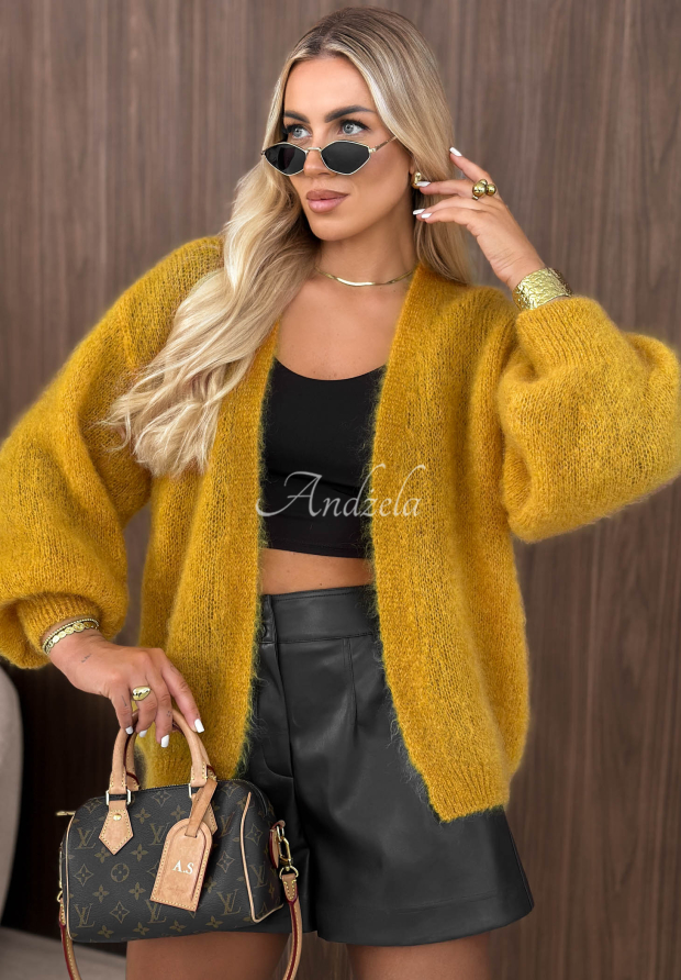 Moh&eacute;rov&yacute; kardigan oversize bez zap&iacute;nania Cozy Latte horčicov&yacute;