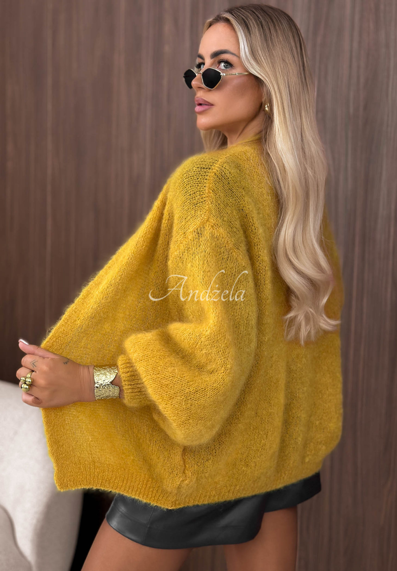 Mohérový kardigan oversize bez zapínania Cozy Latte horčicový