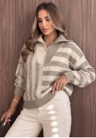 Sveter w paski z rozpinanym kołnierzem Cozy Stripe béžový