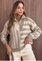Sveter w paski z rozpinanym kołnierzem Cozy Stripe béžový
