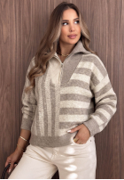 Sveter w paski z rozpinanym kołnierzem Cozy Stripe béžový