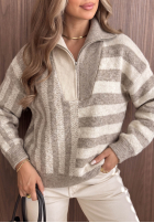 Sveter w paski z rozpinanym kołnierzem Cozy Stripe béžový