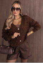 Krótki ażurowy kardigan z zapięciem Knit Haven ťavý