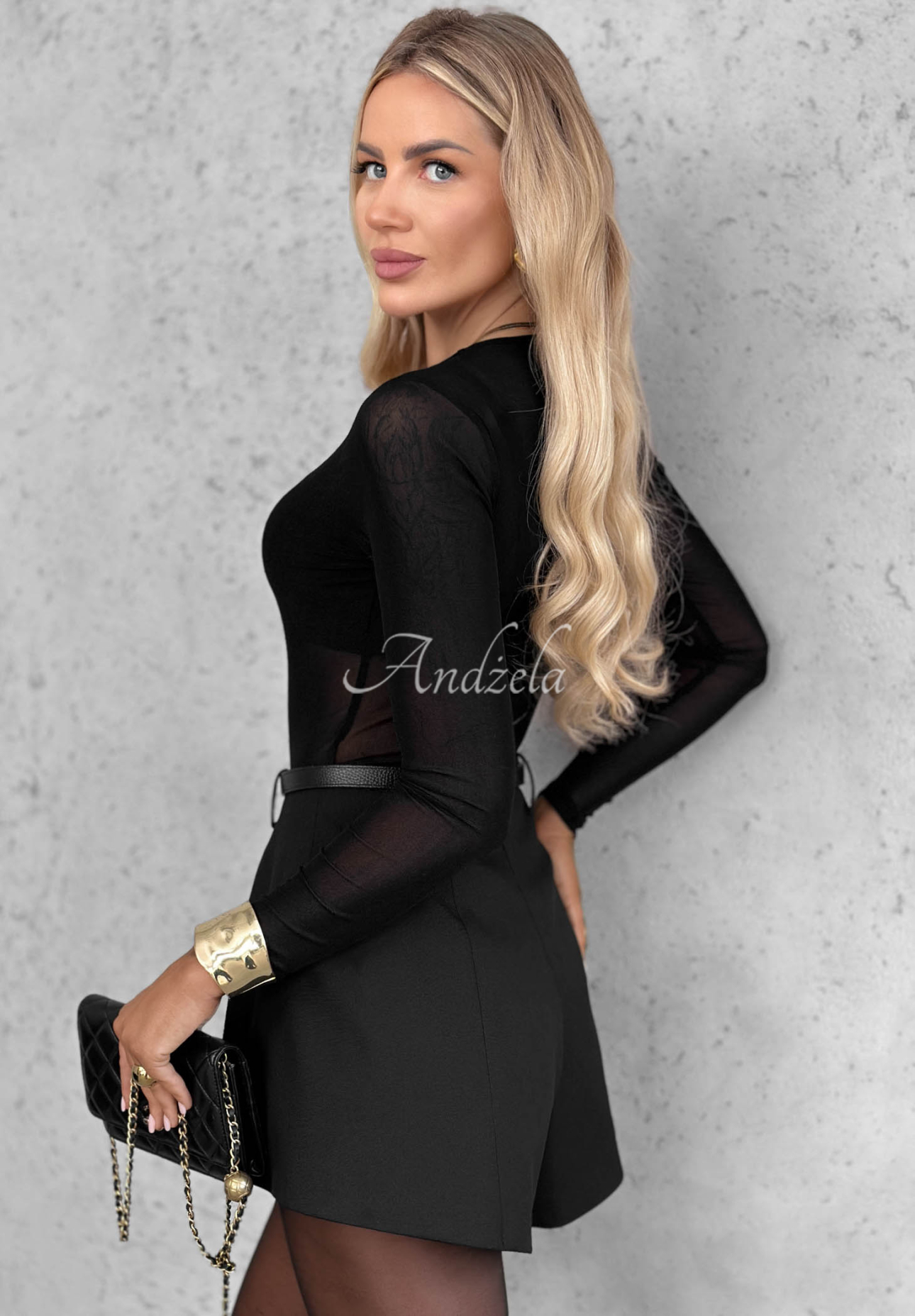 Priliehavé sieťované body s dlhým rukávom Little Shimmer čierne