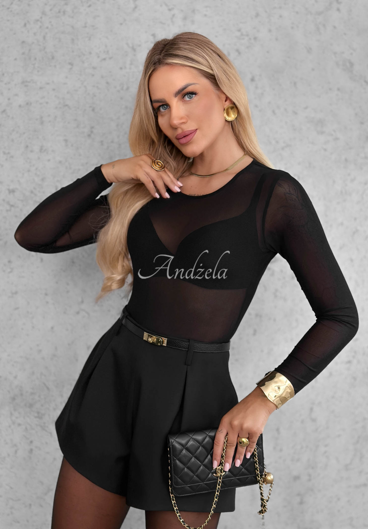 Priliehavé sieťované body s dlhým rukávom Little Shimmer čierne