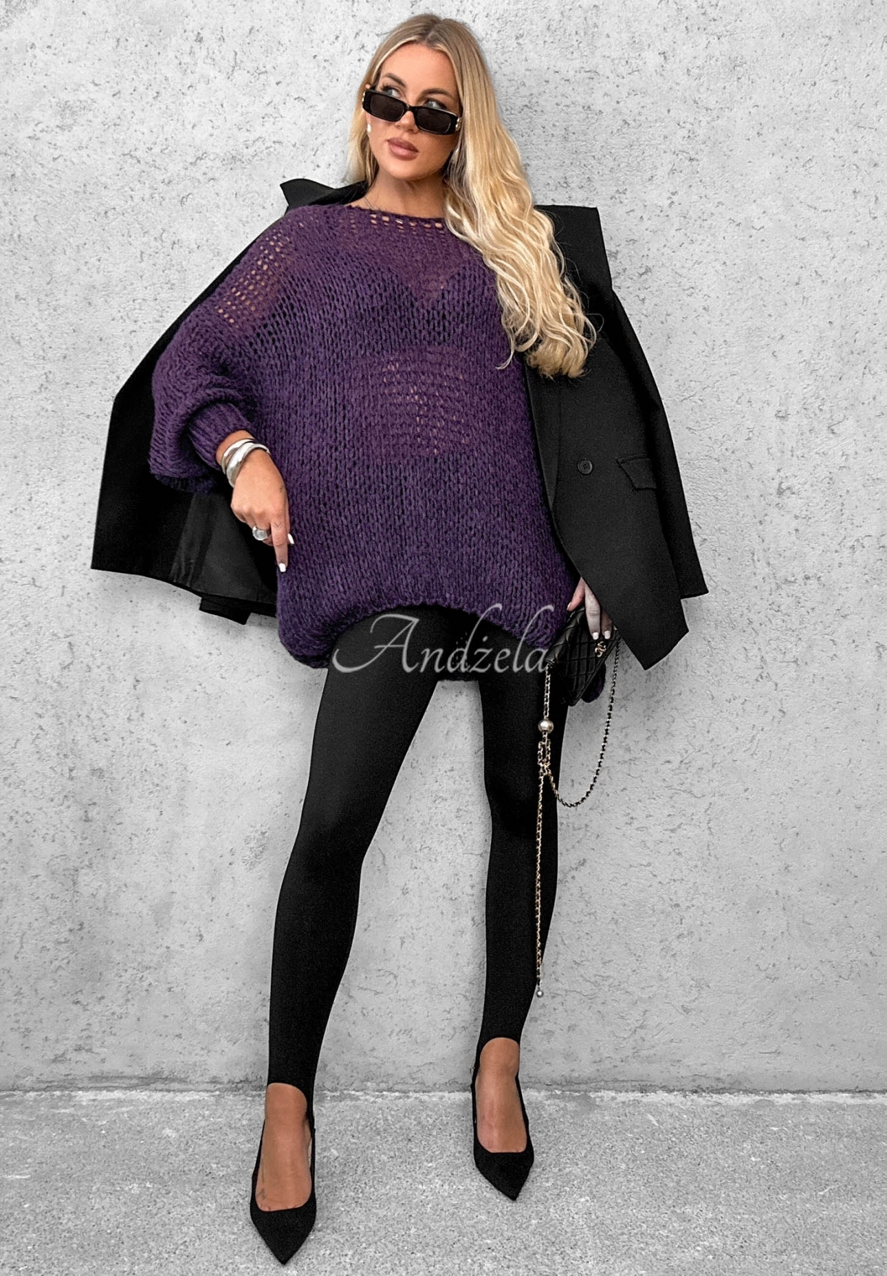 Mäkký sveter oversize s vlnou a viskózou Sugar Babe čučoriedkový