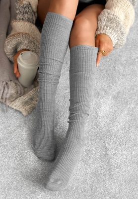 Rebrované ponožky nad kolená s vlnou merino Pretty Legs sivé