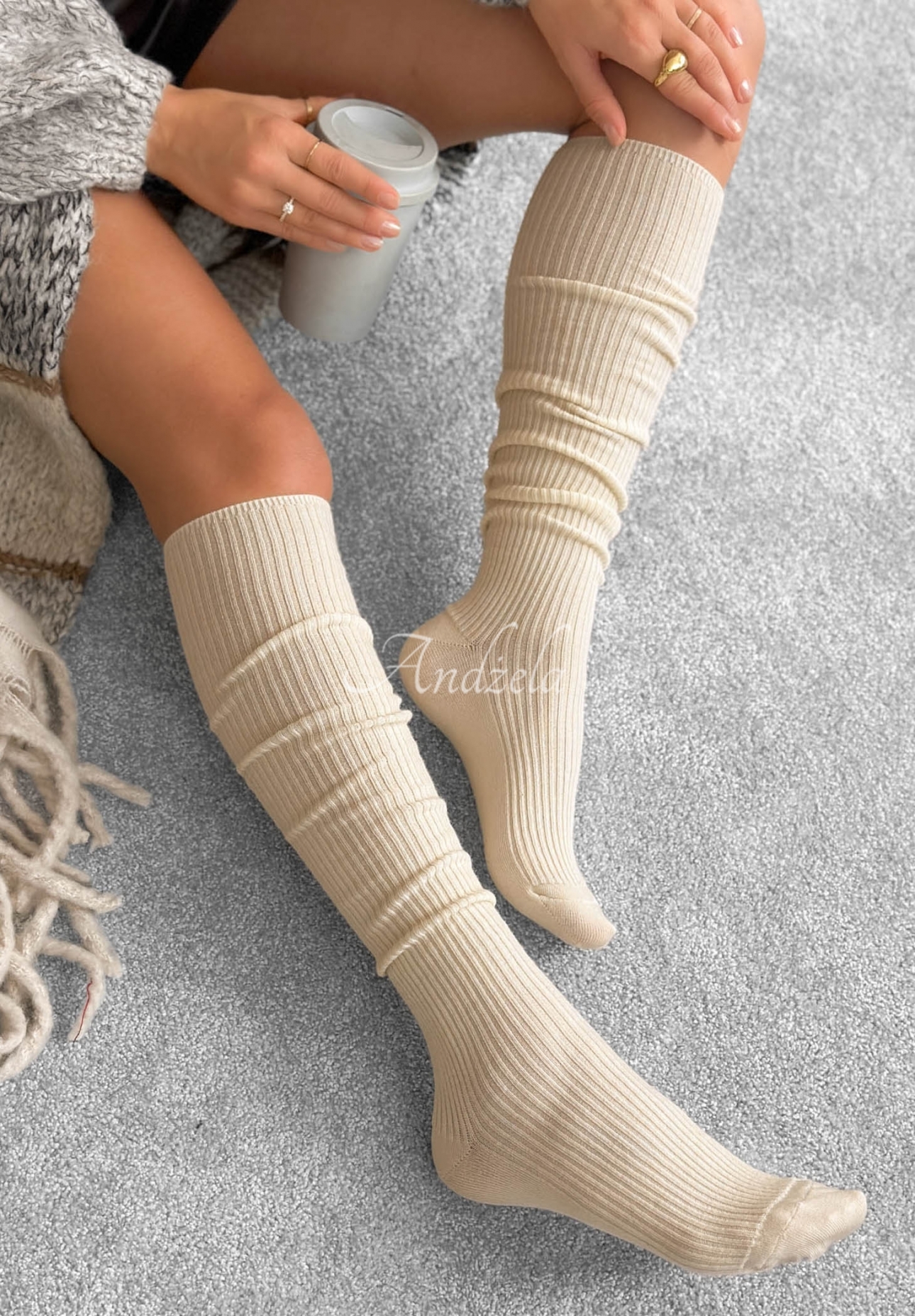 Rebrované ponožky nad kolená s vlnou merino Pretty Legs ecru
