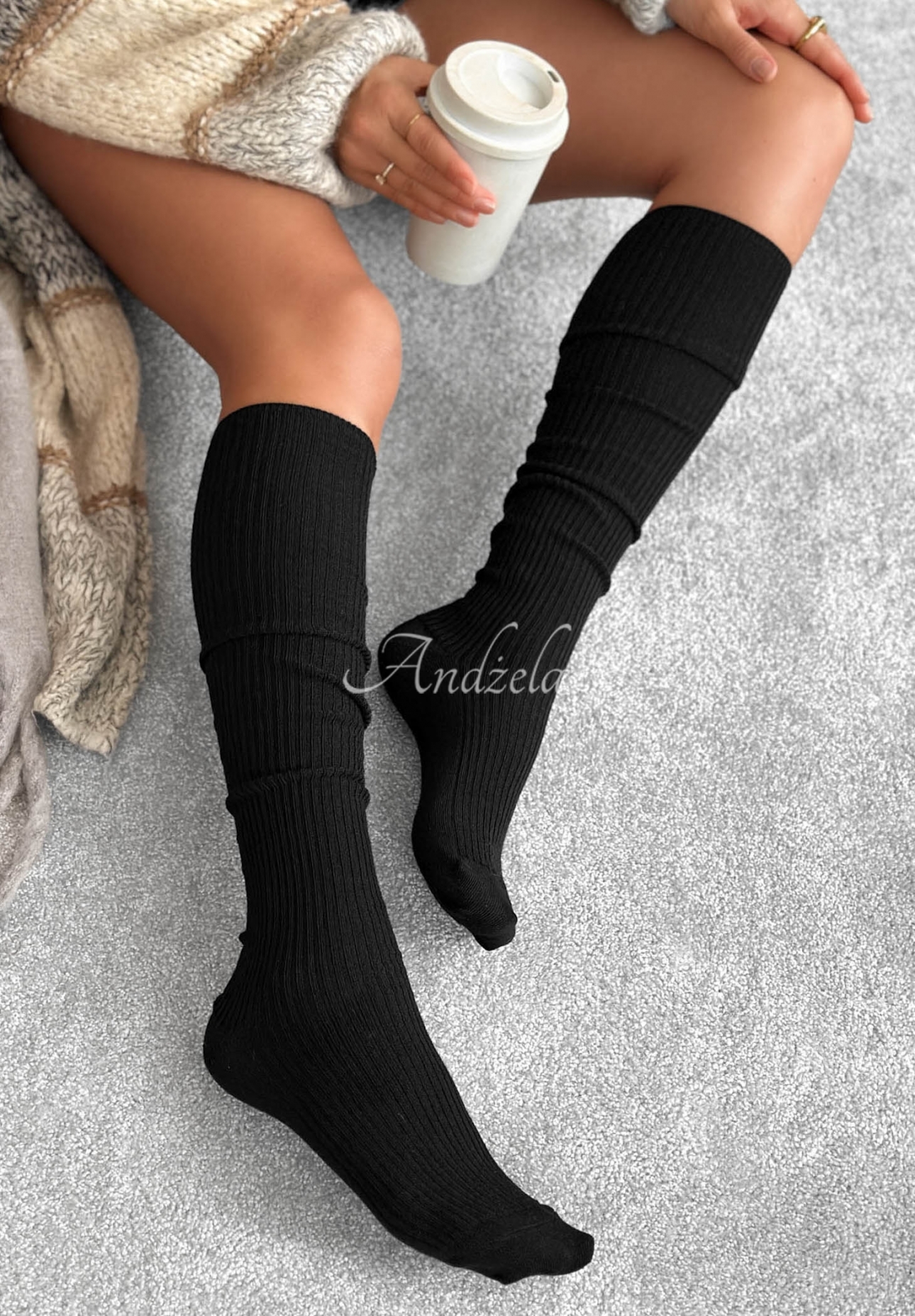 Rebrované ponožky nad kolená s vlnou merino Pretty Legs čierne