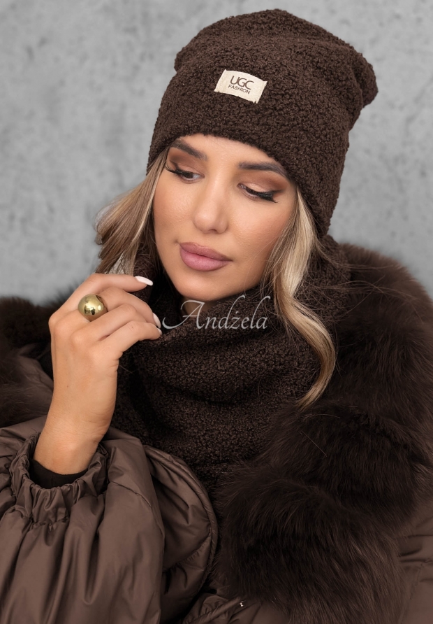 S&uacute;prava čiapka a kom&iacute;n s kož&uacute;&scaron;kom Winter Lady čokol&aacute;dov&yacute;