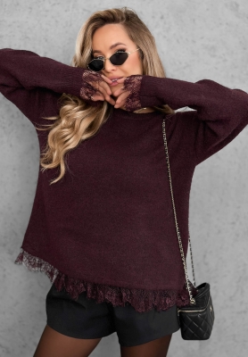 Oversize sveter s vlnou a čipkou Cozy Softness bordová