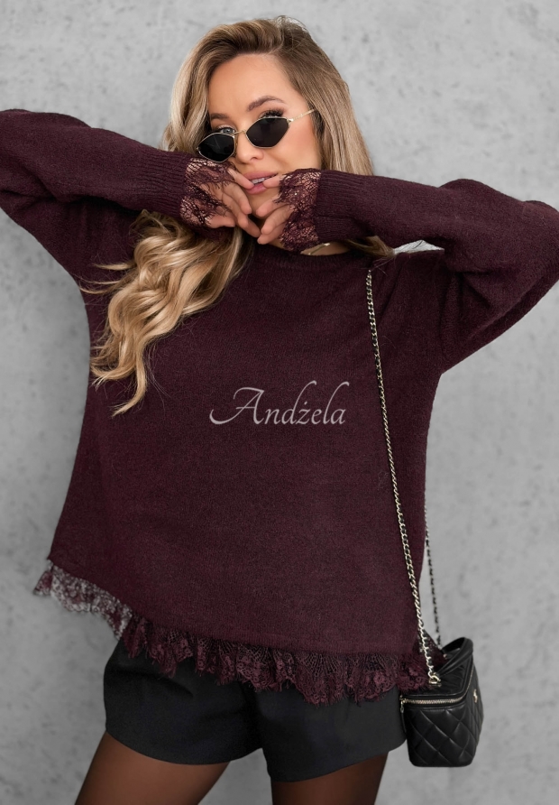 Oversize sveter s vlnou a čipkou Cozy Softness bordov&aacute;