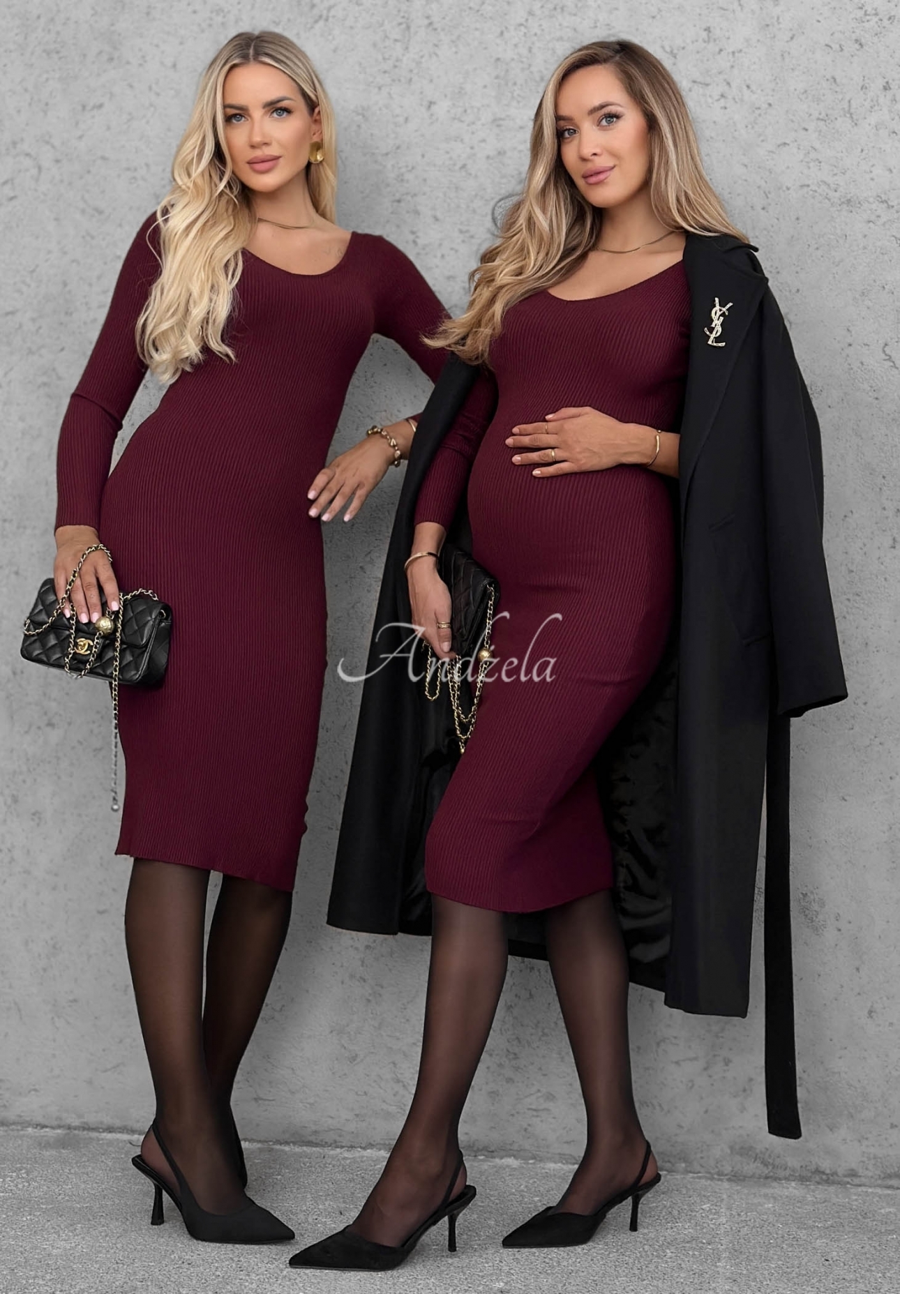 Priliehavé viskózové midi šaty longsleeve s výstrihom City Morning  čučoriedková