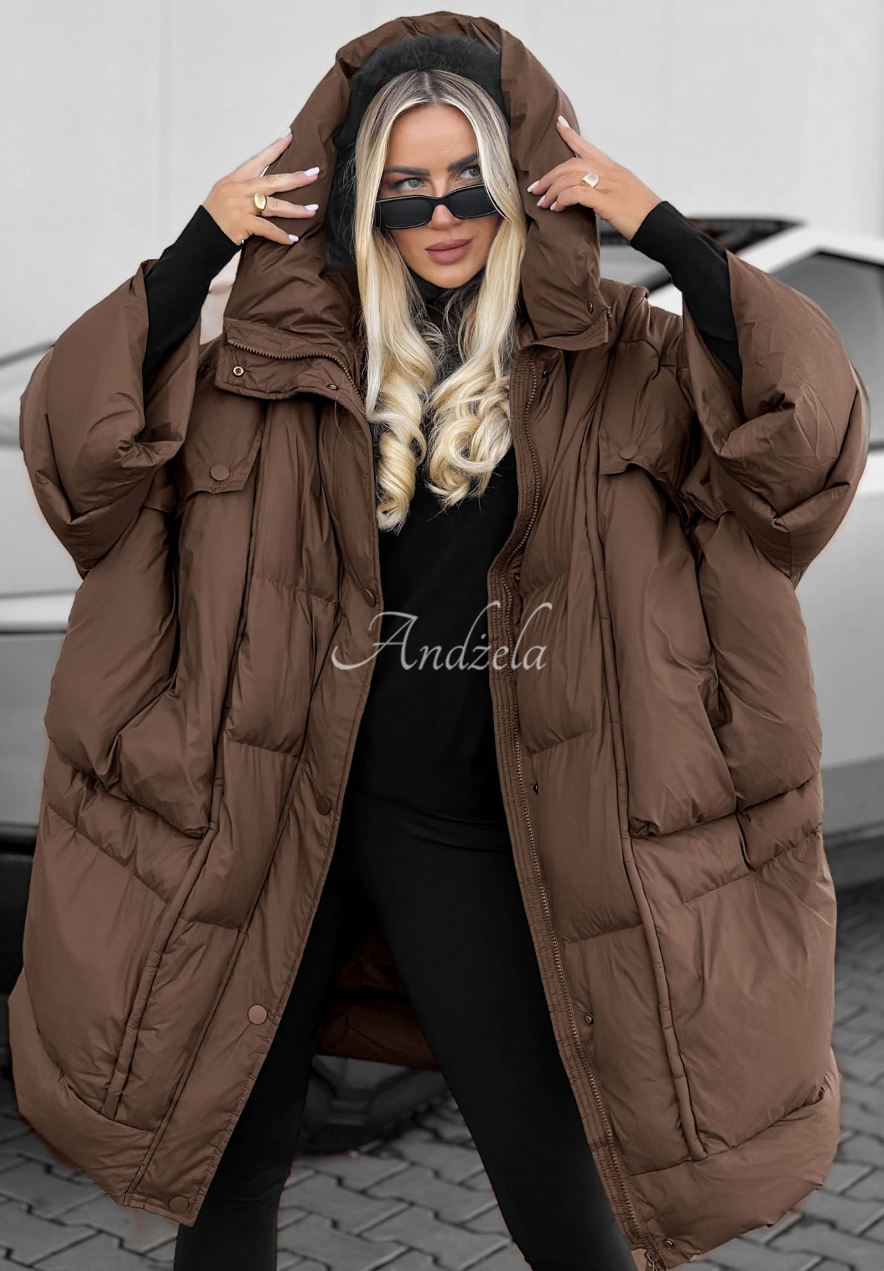 Páperová bunda oversize s kapucňou Frozen Tale čokoládová