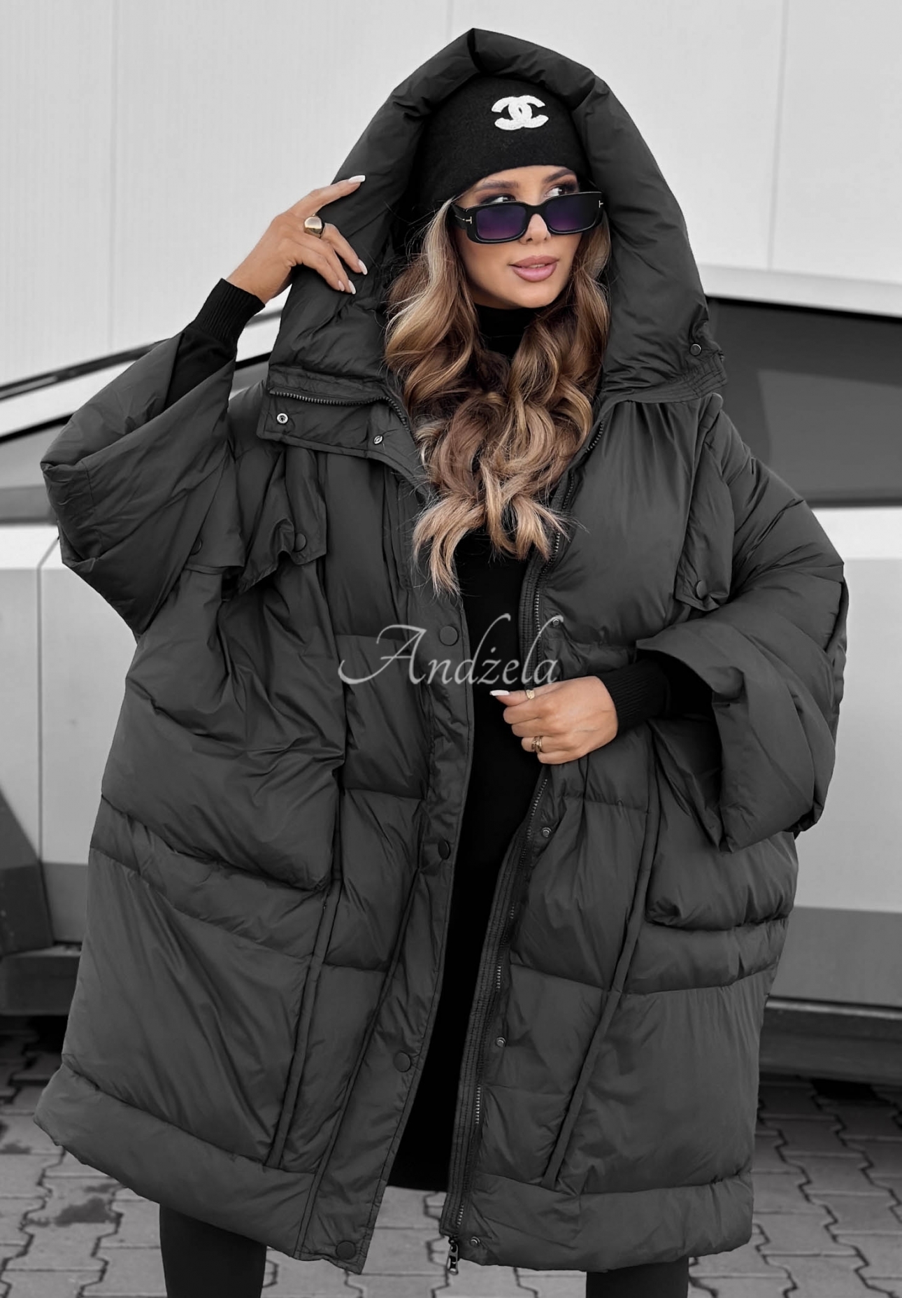 Páperová bunda oversize s kapucňou Frozen Tale čierna