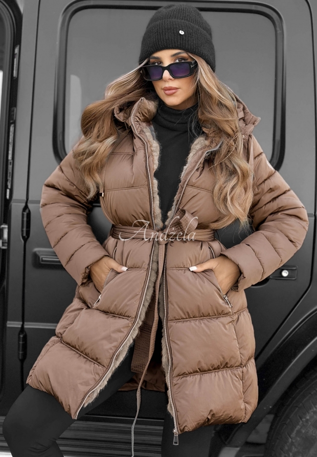 Dlh&aacute; pre&scaron;&iacute;van&aacute; bunda s kapucňou a opaskom Cold Theory b&eacute;žov&aacute;