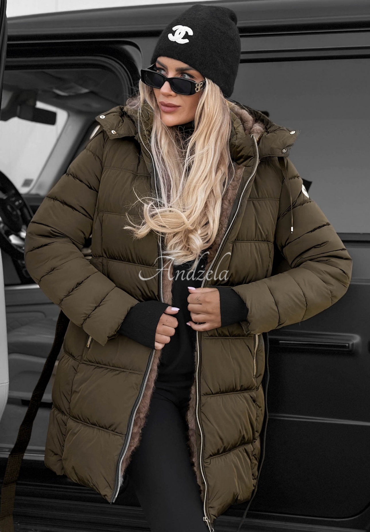 Dlhá prešívaná bunda s kapucňou a opaskom Cold Theory khaki