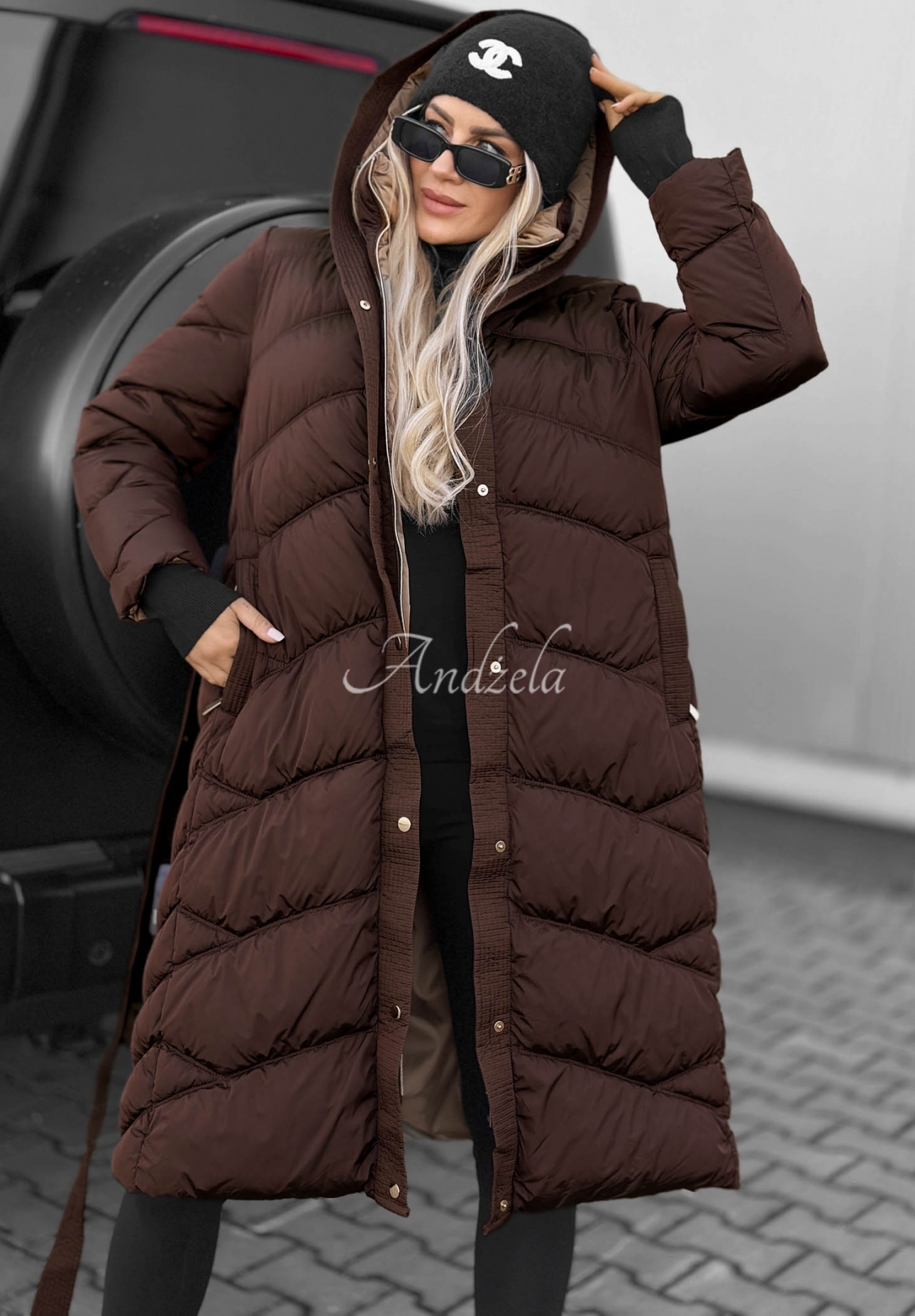 Dlhá prešívaná bunda s kapucňou a golierom Frost Angel čokoládová