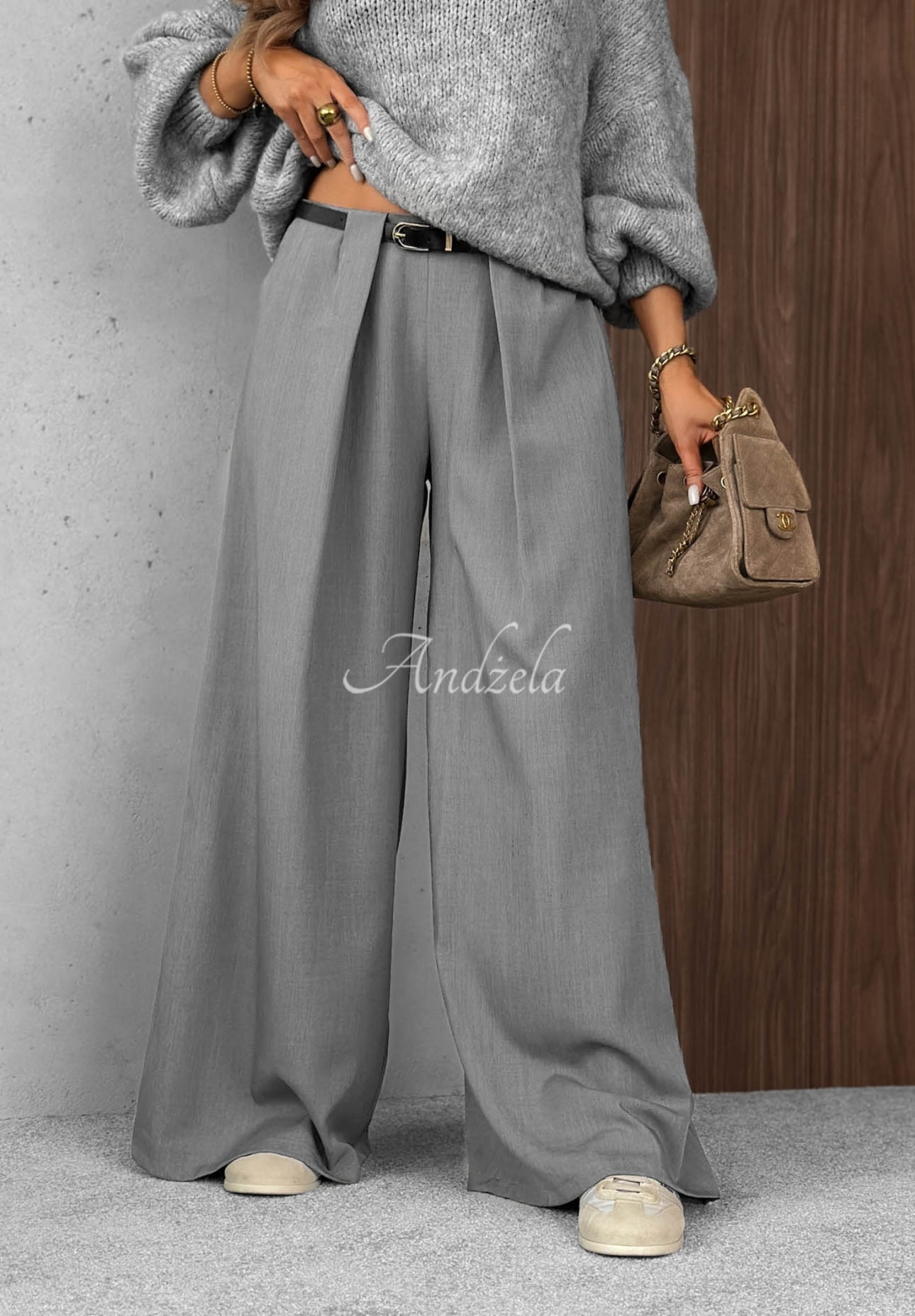 Elegantné nohavice wide leg so záložkami Timeless Poise svetlosivé