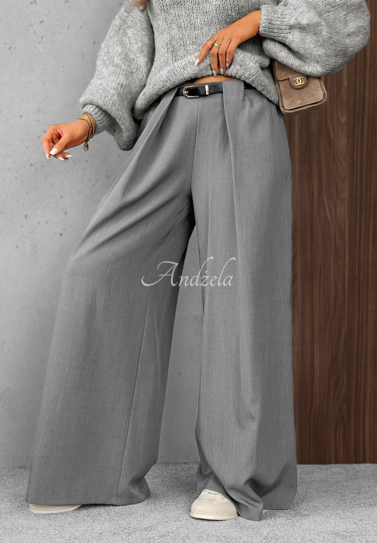 Elegantné nohavice wide leg so záložkami Timeless Poise svetlosivé