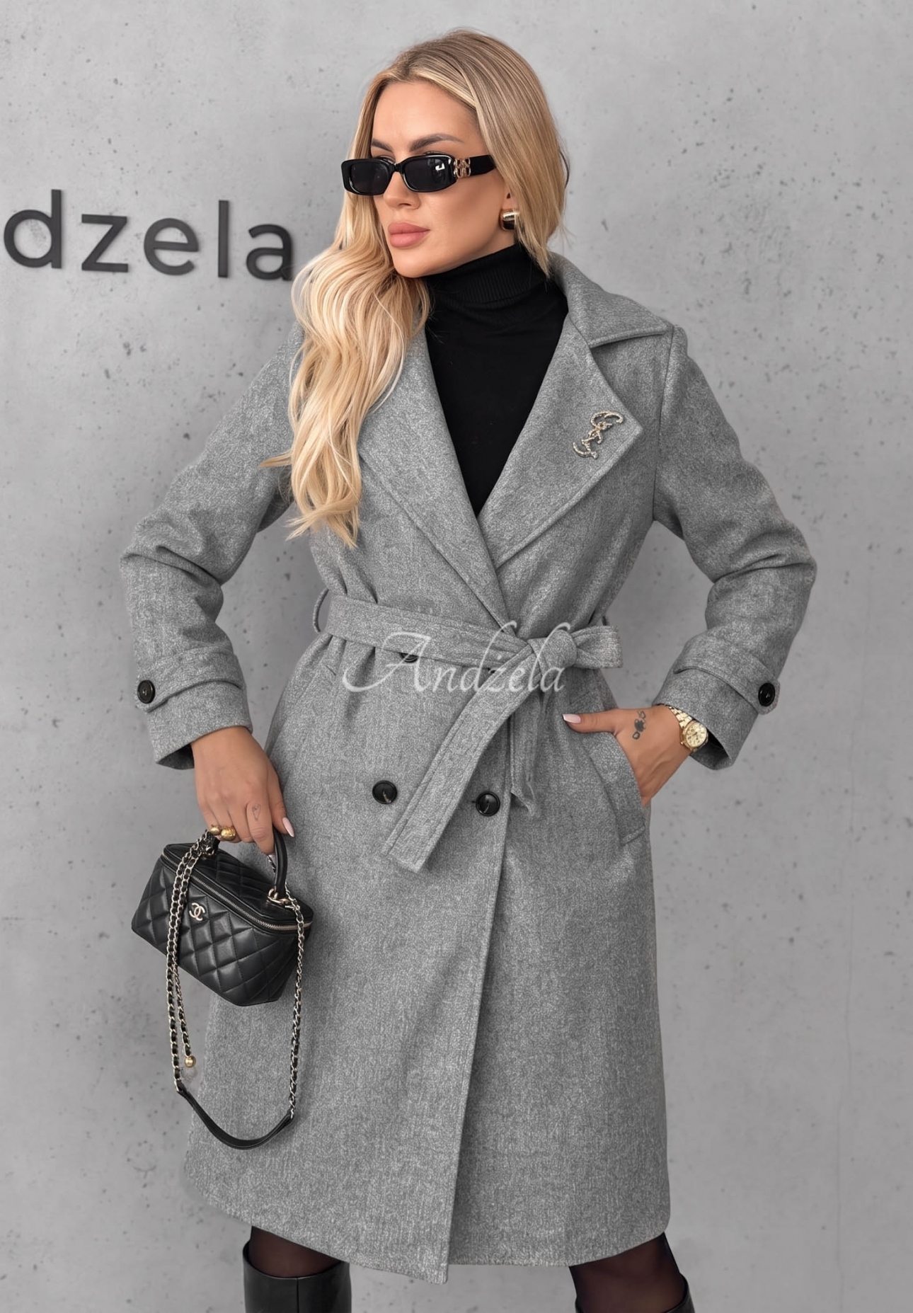 Dlhý kabát s golierom a opaskom Maple Street sivý
