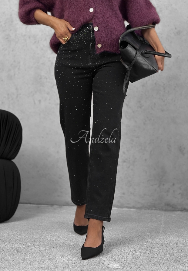 Dž&iacute;nsy mom fit s kry&scaron;t&aacute;lmi Glitter Affair čierne