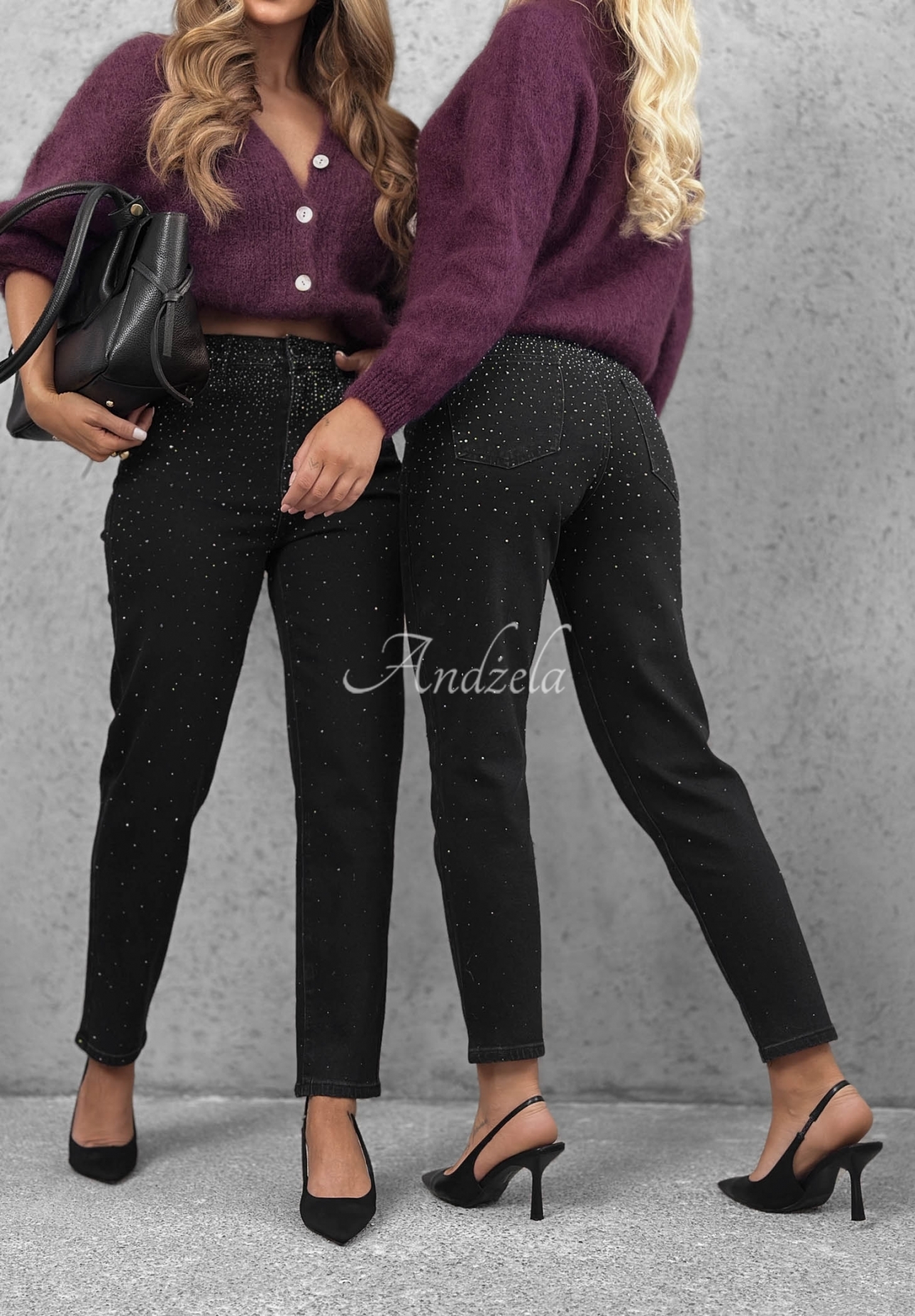 Džínsy mom fit s kryštálmi Glitter Affair čierne