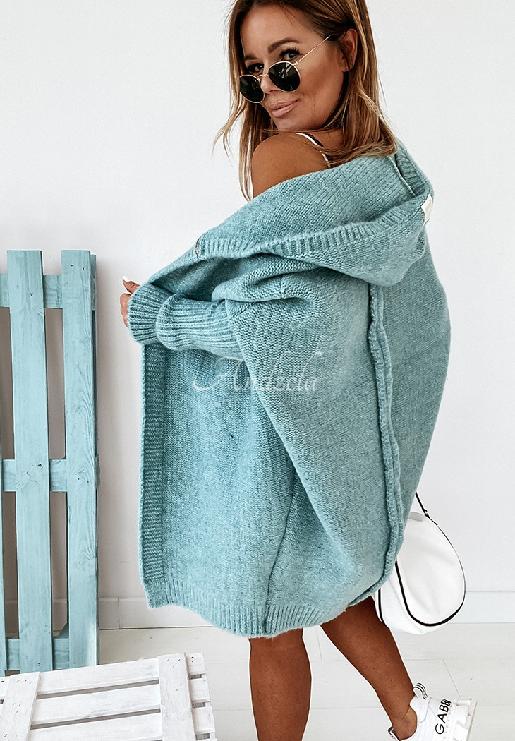 Dlhý oversize kardigan s kapucňou s vlnou Montevista modrý